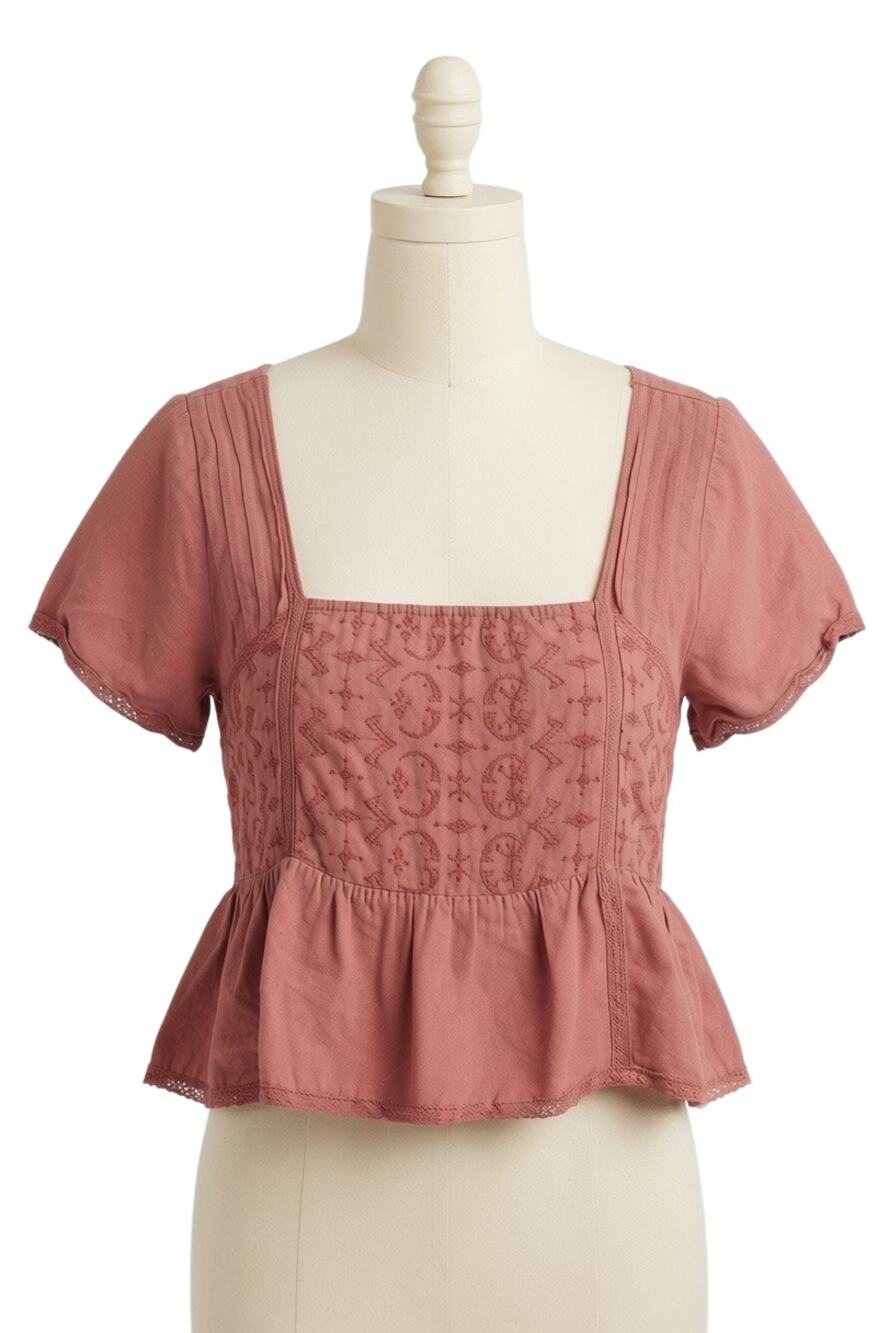 American Eagle Mauve Pink Embroidered Square Neck Peplum Babydoll Top Large